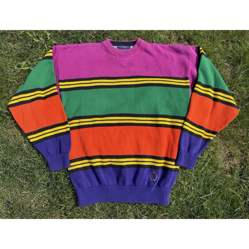 Tommy Hilfiger Sweater Mens Large Colorful Colorblock Crewneck Y2K 90s Retro